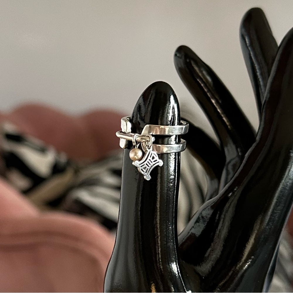 Celine Sterling Silver Double Band Ring with Triomphe & Faux Pearl Charms
